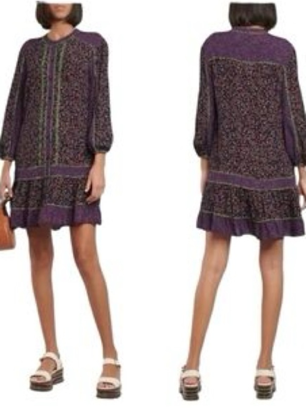 Veronica Beard Black and Purple Floral Tiered Long-Sleeve Dress